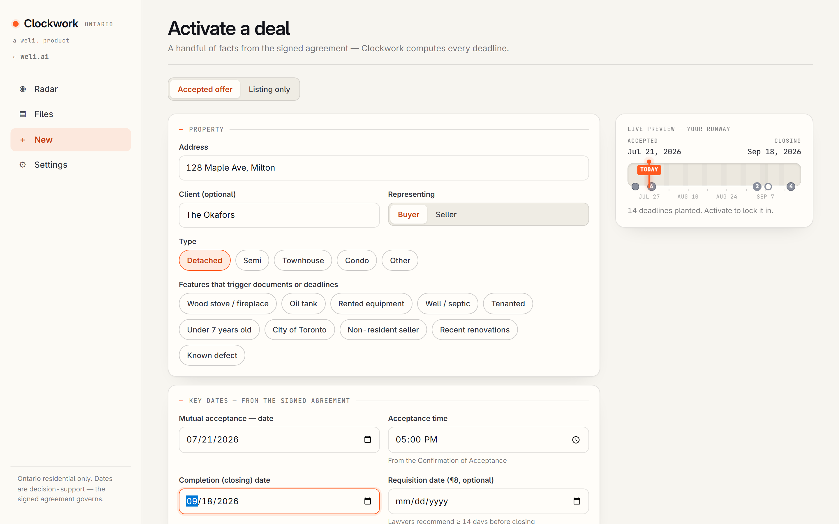 The Activate a deal form with property and key dates entered, and a live runway preview panel on the right showing the accepted and closing dates